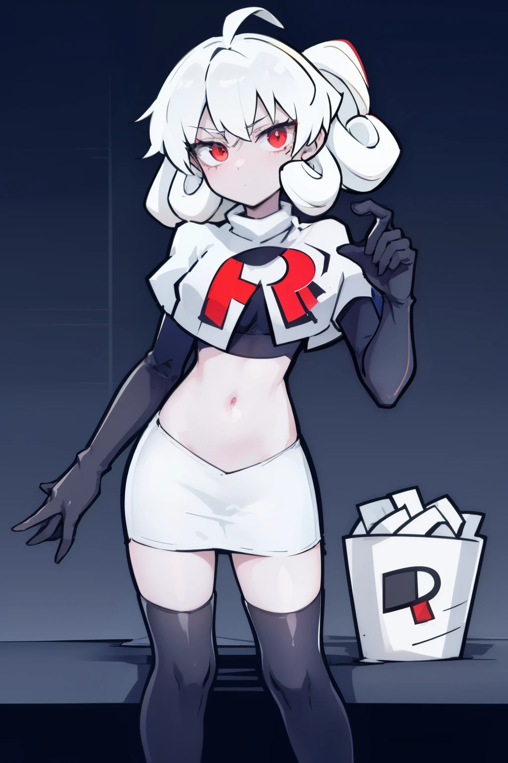 masterpiece, best quality, red eyes, white curly kair, ahoge,team rocket,team rocket uniform,white skirt,red letter R,crop top,black thigh-highs,black elbow gloves, comic strip