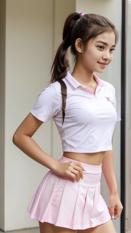 Thais r, Girl, 16 Yearail hair style, applying with pink lipstick, little smile, white shirt, pink skirt, tennis style