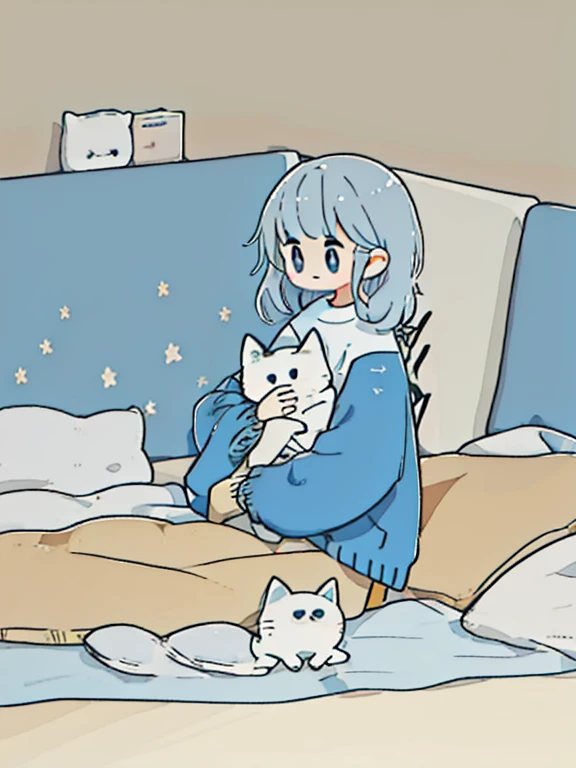 masterpiece:1.3, best quality:1.3, highly detailed, 8k raw, sunset:1.3, female_solo, kneeling_down, hug a cat, laying on bed, detailed bedroom, wearing tshirt and skirt, sneakers, light_blue_eyes, look happy, light silver hair, shiny hair, cozy and casual, animeniji, portrait, cat