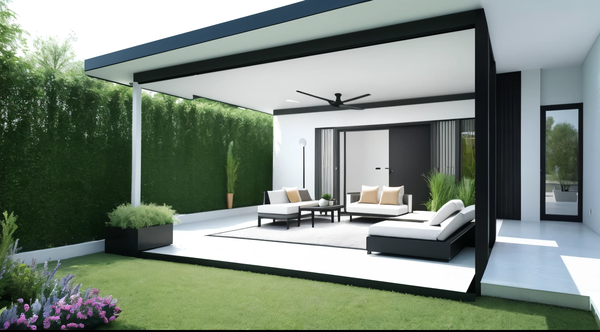 You are a famous interior designer、You have been asked to create a 3D image of a modern large room. Create a harmonious environment with modern and minimalist furniture. Including garden interior.