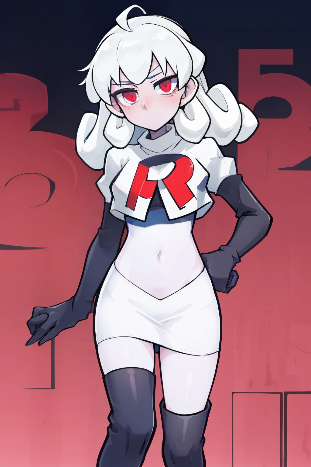 masterpiece, best quality, red eyes, white curly kair, ahoge,team rocket,team rocket uniform,white skirt,red letter R,crop top,black thigh-highs,black elbow gloves, comic strip