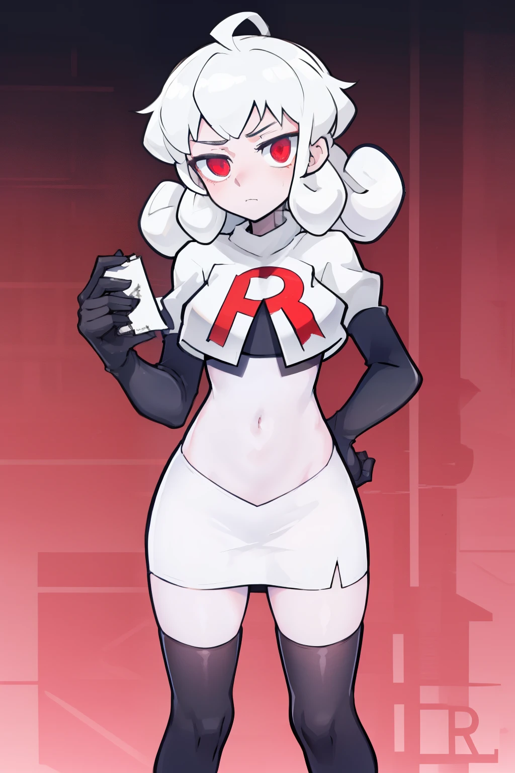masterpiece, best quality, red eyes, white curly kair, ahoge,team rocket,team rocket uniform,white skirt,red letter R,crop top,black thigh-highs,black elbow gloves, comic strip