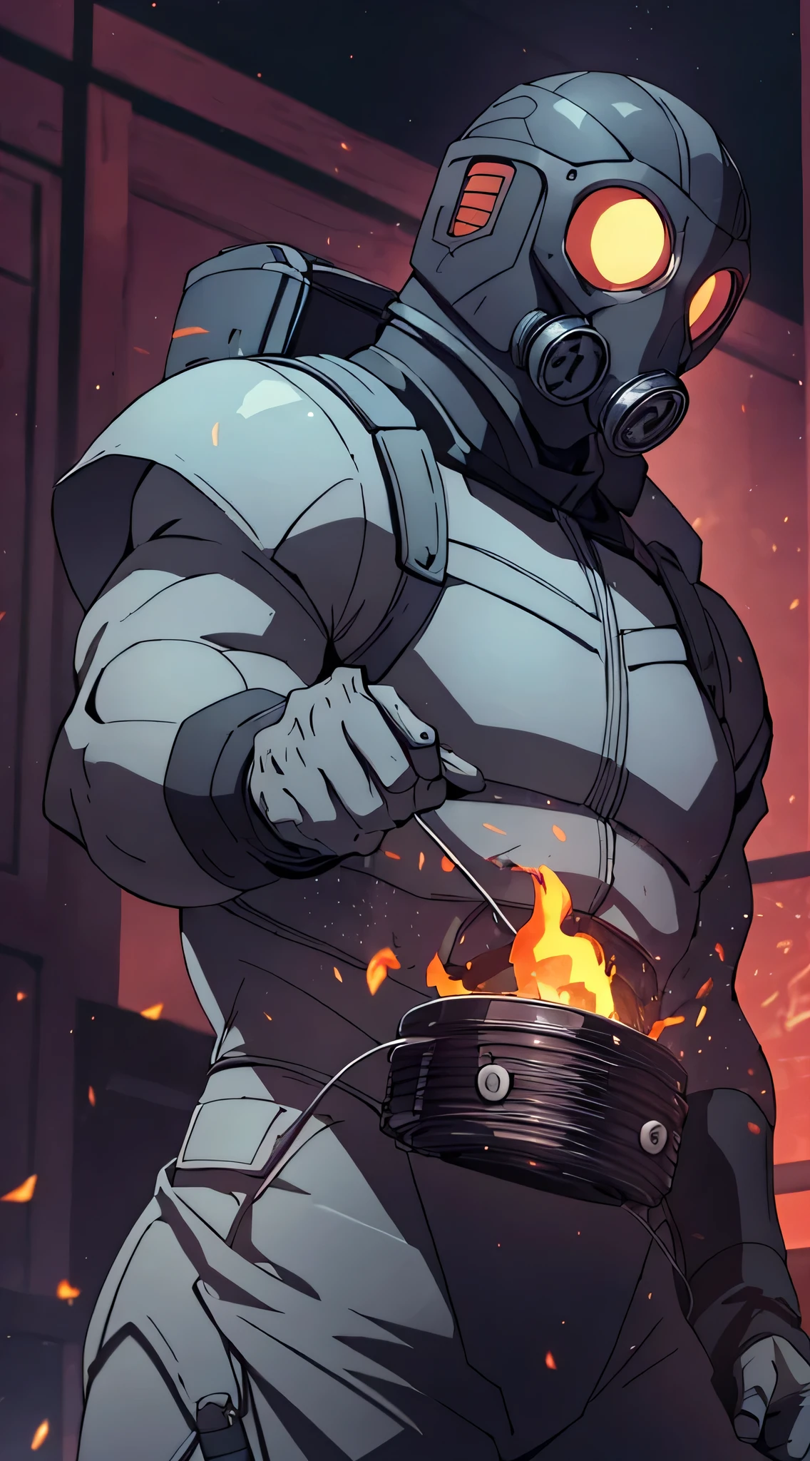 top-quality、Top image quality、masterpiece、male people((gray battle armor、white full face mask,White spacesuit、gas masks、hit with right hand、well-muscled、best macho、bulletproof vest、)),hiquality、Beautiful Art、Background with((nightcity、firey、housekeeping))、masutepiece、Elaborate design、visualart、Perfect Art、Horror movie style、