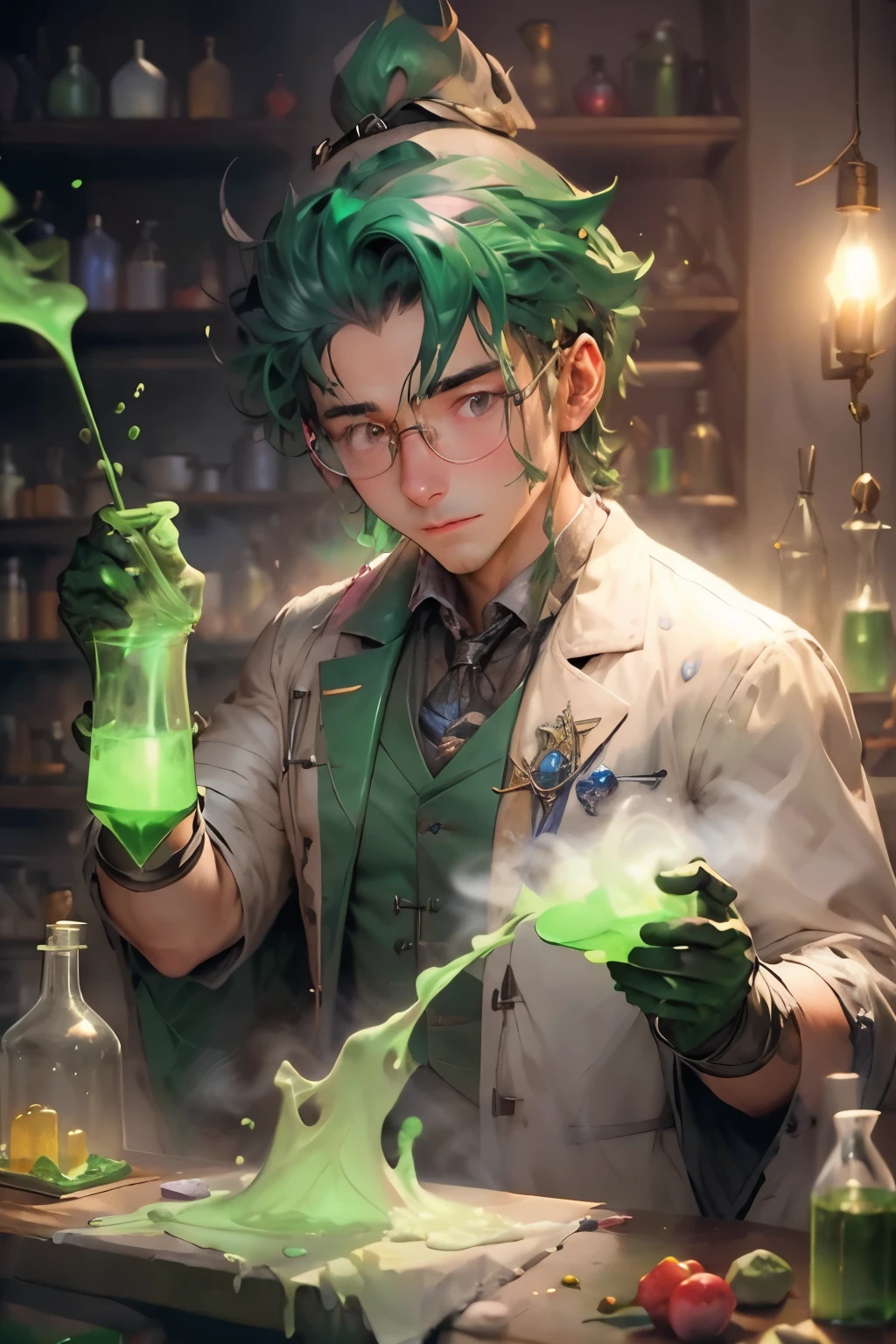 Man stirring magic potions in a laboratory, wearing doctor gloves; glasses and gloves for making a green potion, detalhado e complexo, Full HD, 4k com tons verdes, With messy hair