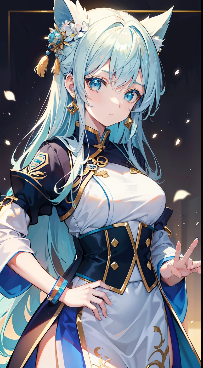 girl, blue long hair,White hair, Cyan eyes, blue and white chinese dress, folding fan, golden jewelery, serious expressions, security guard, tmasterpiece, high qulity