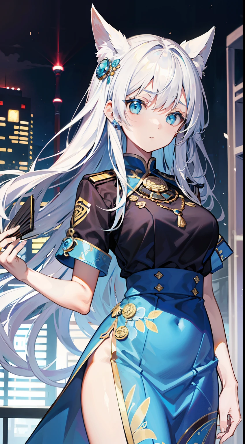 girl, blue long hair，White hair, Cyan eyes, blue and white chinese dress, folding fan, golden jewelery, serious expressions, security guard, tmasterpiece, high qulity
