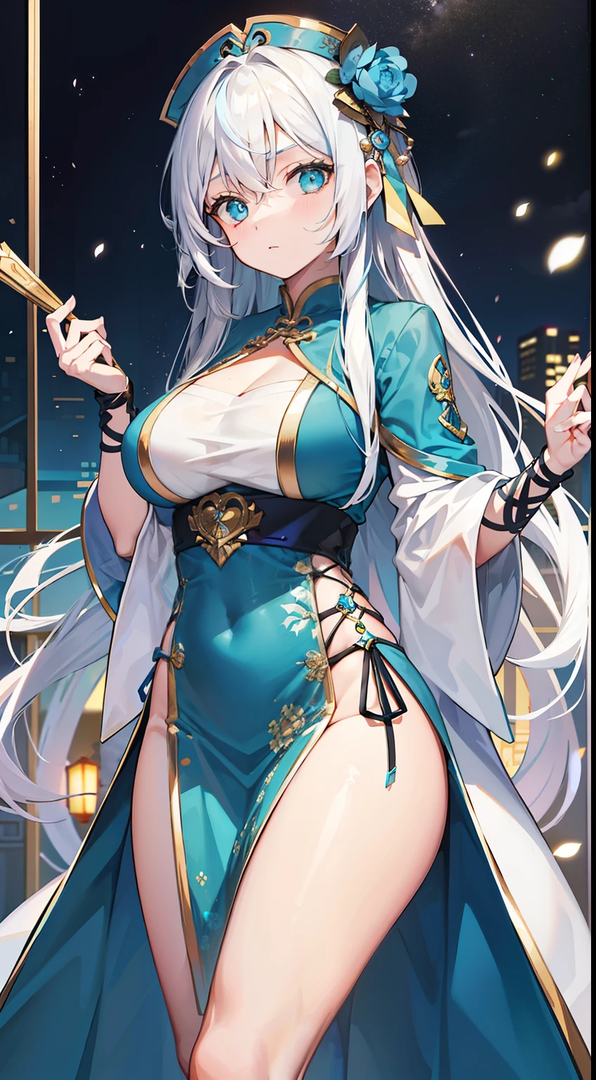 girl, blue long hair,White hair, Cyan eyes, blue and white chinese dress, folding fan, golden jewelery, serious expressions, security guard, tmasterpiece, high qulity