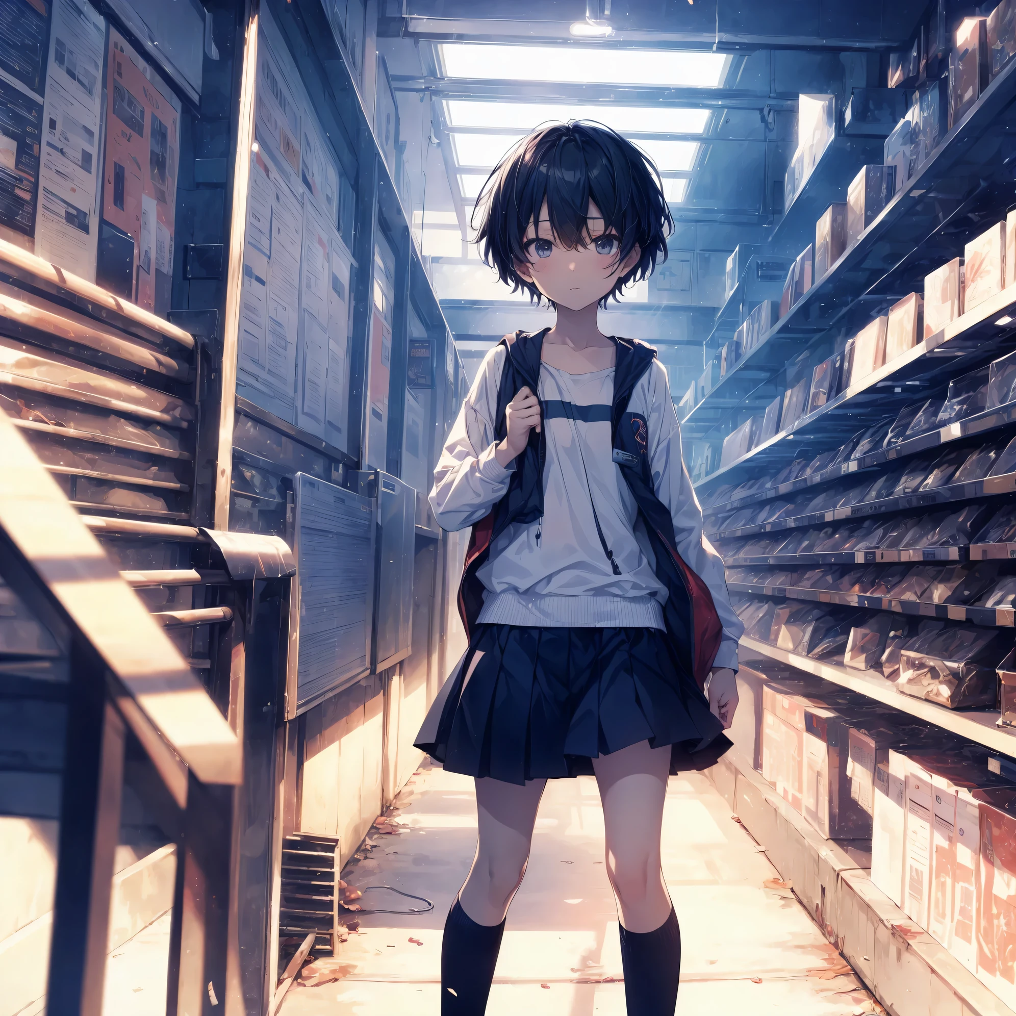 Super high quality by the art god, Ultra-detailed, High resolution, Shinkai Makoto style, anime moe art style, best anime 8K konachan wallpaper, Pixiv Contest Winner, Perfect Anatomy, BREAK,(Please draw a sleepy girl going to school alone.. ),BREAK, a hyperrealistic schoolgirl, (Solo,Lori,child,13years:1.3),Full limbs, complete fingers,a junior high school student, Androgynous attraction, (extra very short hair), hair messy, flat and soft chest, Small butt, groin, Small eyes,Beautiful detailed black eyes, Well-proportioned iris and pupils, disgusted eye, High resolution detailed hair, School uniform, Skirt, On the way to school. BREAK,Ultra-detailed細なスキン, Best lighting by famous artists, 8K, Illustration,