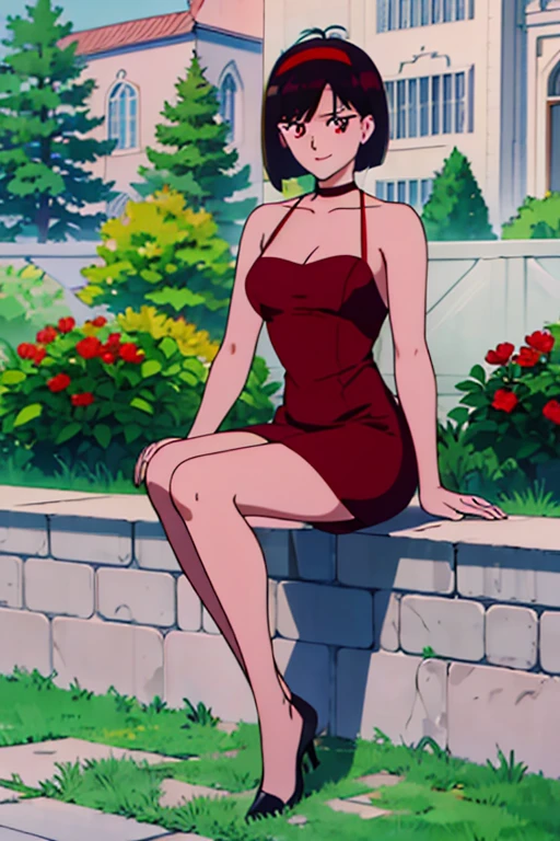 best quality, masterpiece, 1 girl, Red Eyes, Black Hair, Bob Hair, Bob Haircut, Red Hairband, Bare Arms, Bare Shoulders, seductive, medium breast, little black dress, garden background, sitting pose, smile.
