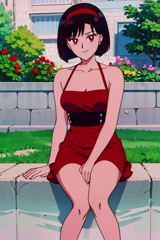 best quality, masterpiece, 1 girl, Red Eyes, Black Hair, Bob Hair, Bob Haircut, Red Hairband, Bare Arms, Bare Shoulders, seductive, medium breast, little black dress, garden background, sitting pose, smile.