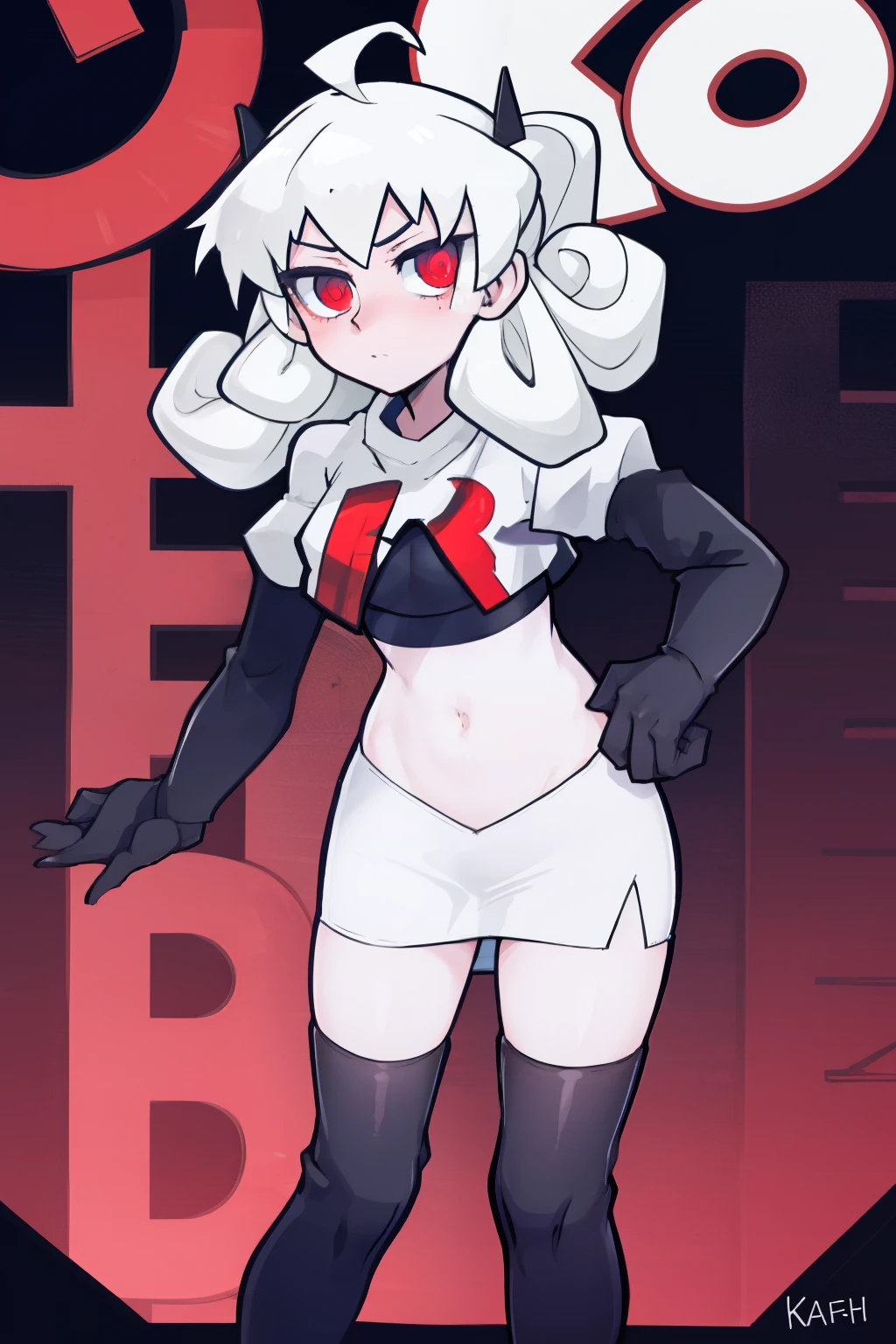 masterpiece, best quality, red eyes, white curly kair, ahoge,team rocket,team rocket uniform,white skirt,red letter R,crop top,black thigh-highs,black elbow gloves, comic strip