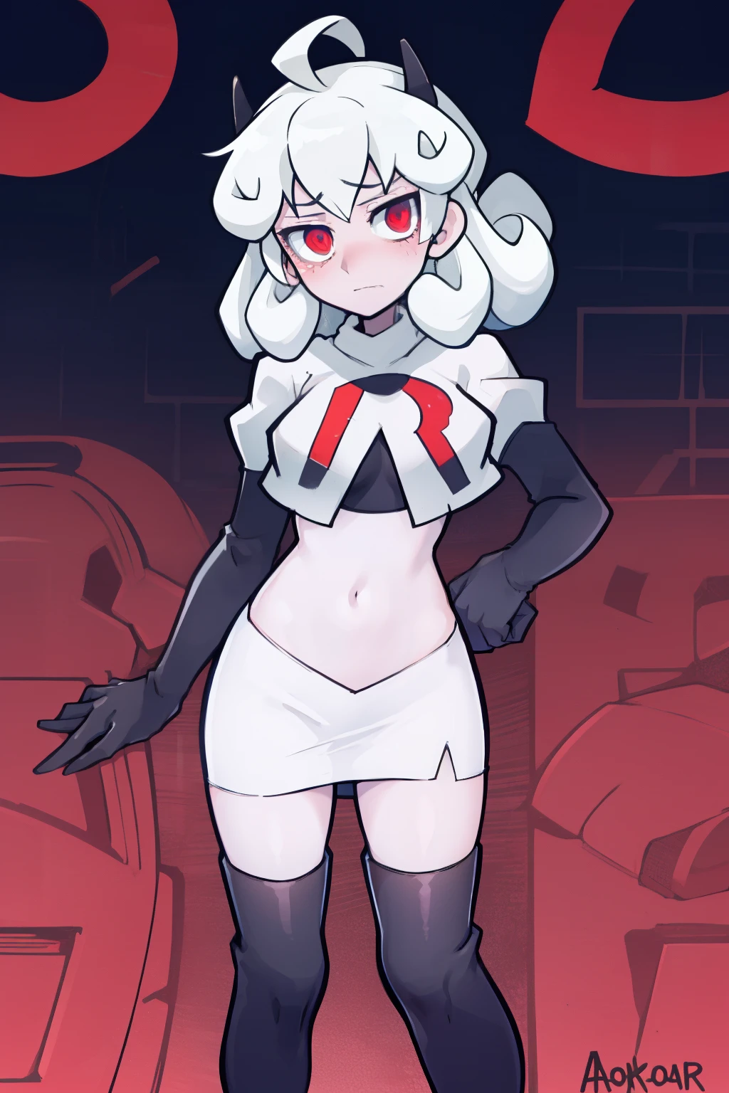 masterpiece, best quality, red eyes, white curly kair, ahoge,team rocket,team rocket uniform,white skirt,red letter R,crop top,black thigh-highs,black elbow gloves, comic strip
