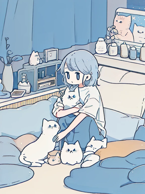 masterpiece:1.3, best quality:1.3, highly detailed, 8k raw, sunset:1.3, female_solo, kneeling_down, hug a cat, laying on bed, detailed bedroom, wearing tshirt and skirt, sneakers, light_blue_eyes, look happy, light silver hair, shiny hair, cozy and casual, animeniji, portrait, cat