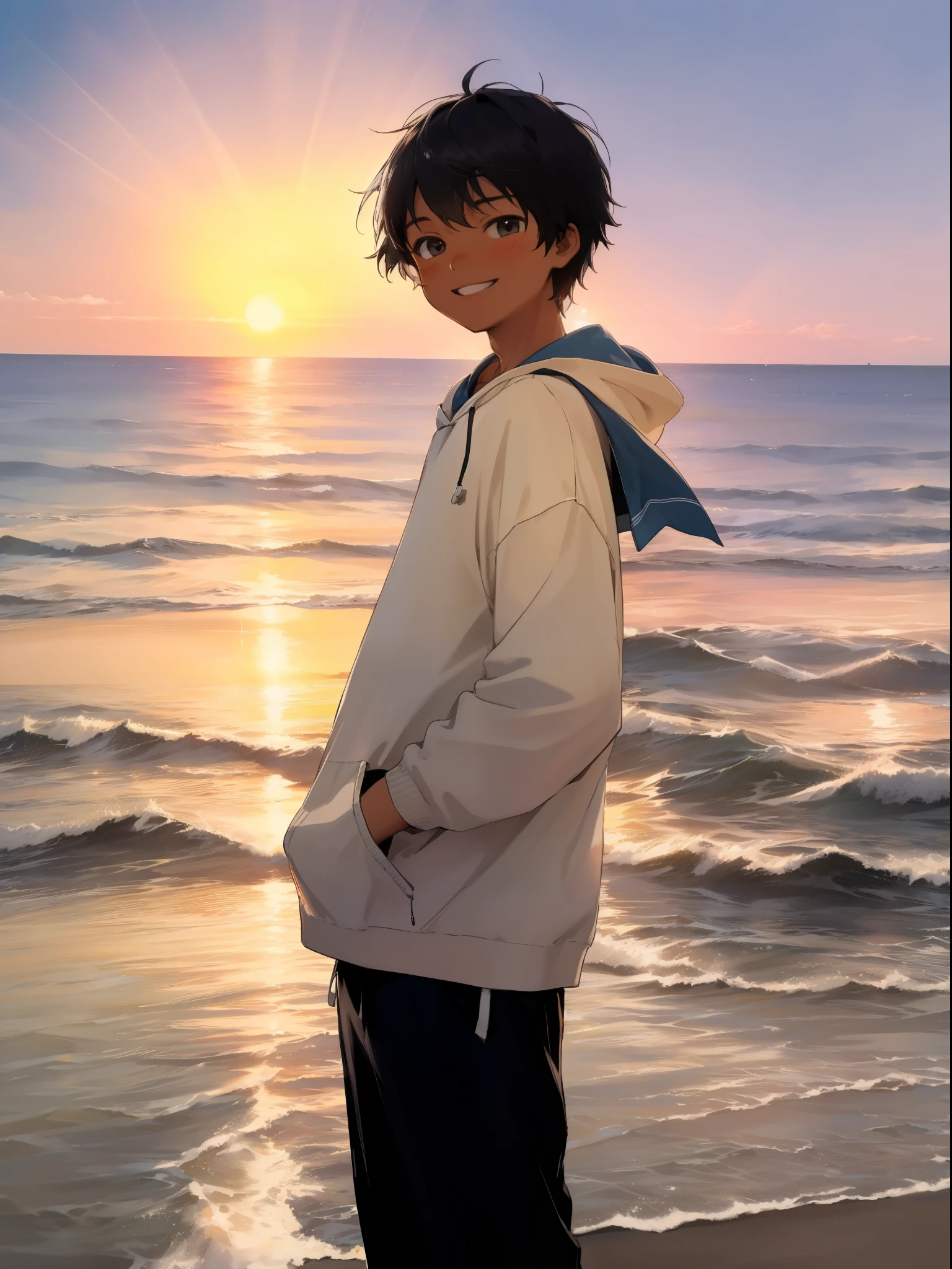 boy,rays of sunshine,the setting sun,ssmile,gleeful,Sweatshirt,Masterpiece,sea beach