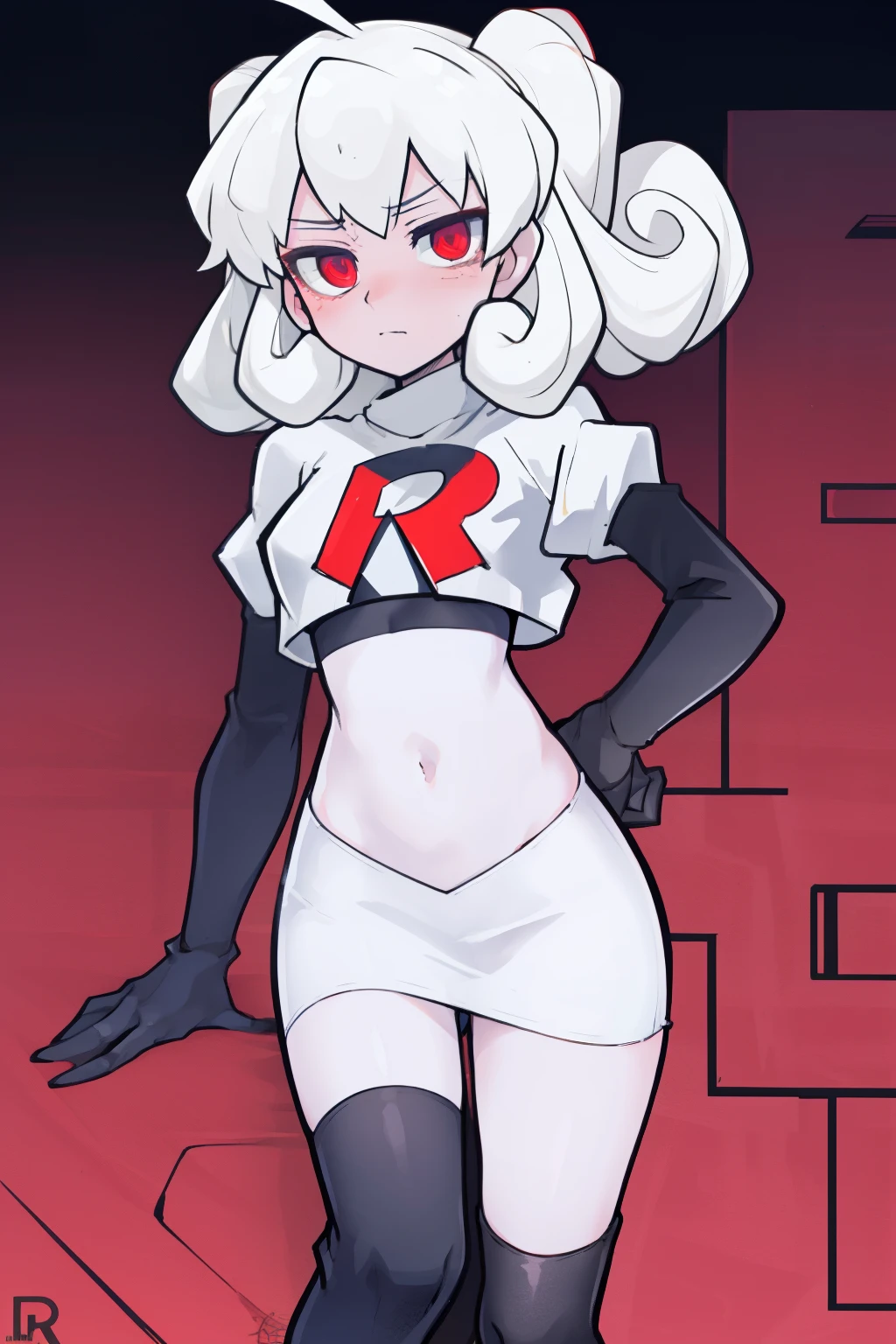 masterpiece, best quality, red eyes, white curly kair, ahoge,team rocket,team rocket uniform,white skirt,red letter R,crop top,black thigh-highs,black elbow gloves, comic strip