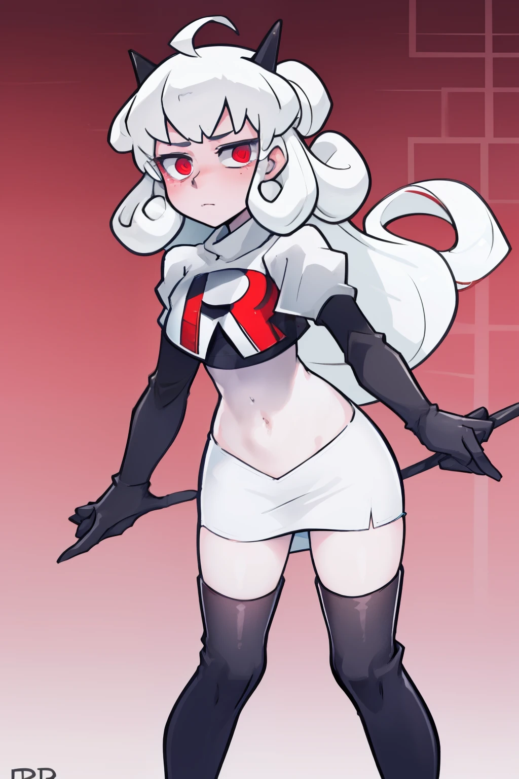 masterpiece, best quality, red eyes, white curly kair, ahoge,team rocket,team rocket uniform,white skirt,red letter R,crop top,black thigh-highs,black elbow gloves, comic strip
