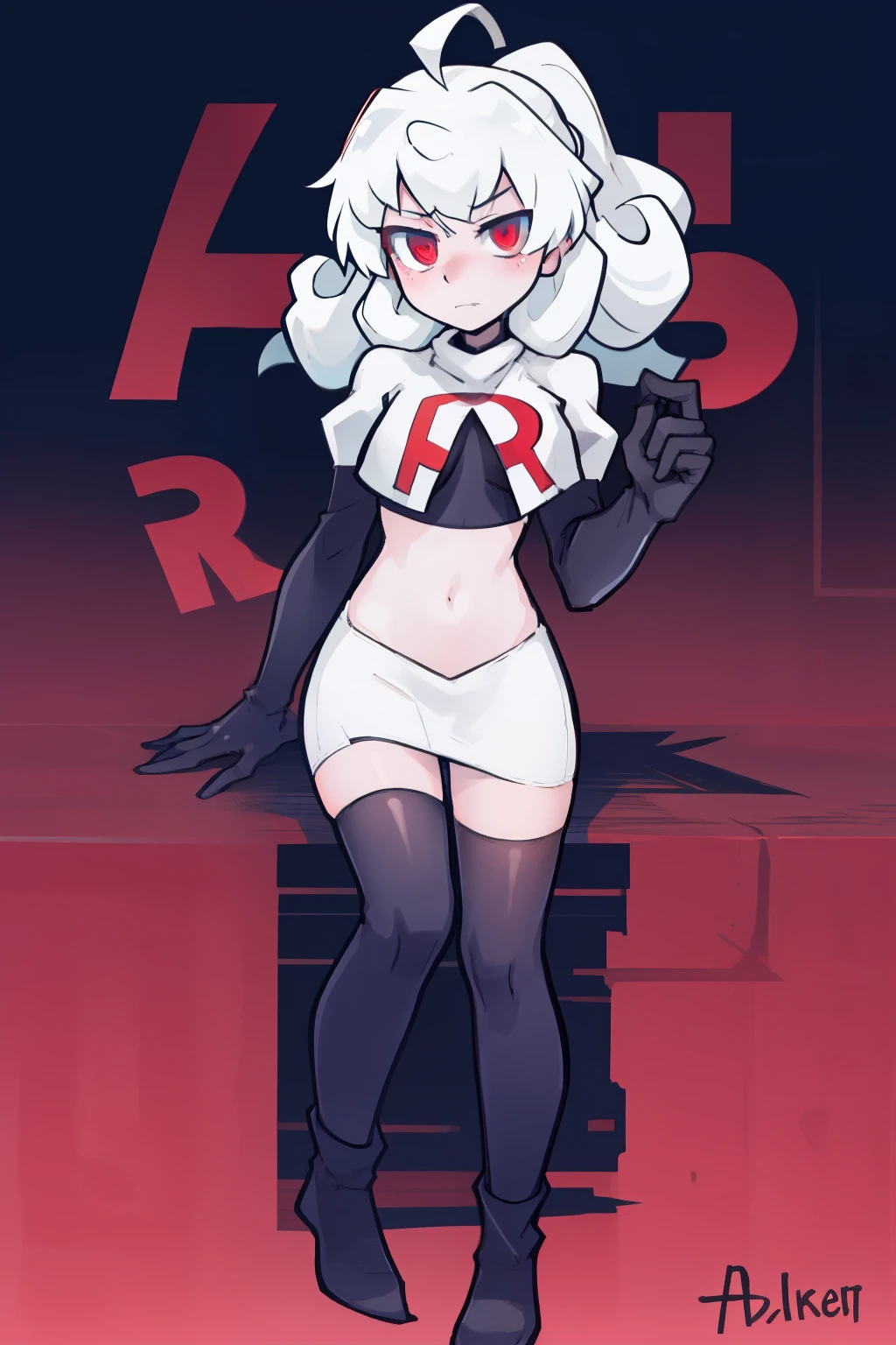 masterpiece, best quality, red eyes, white curly kair, ahoge,team rocket,team rocket uniform,white skirt,red letter R,crop top,black thigh-highs,black elbow gloves, comic strip