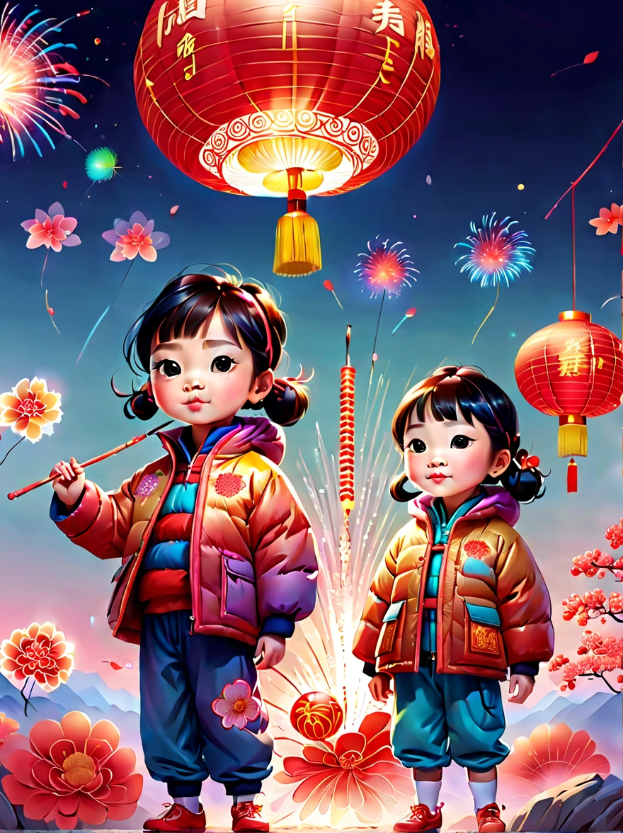 pixar-style, (Faraway view: 1.8), (China - Chic Chinese New Year New Year's Day, Anatomically correct, fire works,lanterns,Oriental elements), (5 cute children wearing down jackets,Hold a fairy stick,燃放fire works,手里拿着fire works), (China - Fashion illustration: 1.5, vector drawing: 1.5), (Chinese color, senior color matching, gradient backgrounds, white backgrounid: 1.5), (The is very detailed, Well designed, Clear lines, k hd, Best quality at best, tmasterpiece, offcial art, movie light effect, 8K)
