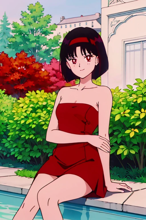 best quality, masterpiece, 1 girl, Red Eyes, beautiful detail red eyes, Black Hair, Bob Hair, Bob Haircut, Red Hairband, Bare Arms, Bare Shoulders, seductive, medium breast, strapless, little red dress, skin-tight dress, garden background, sitting pose, smile.