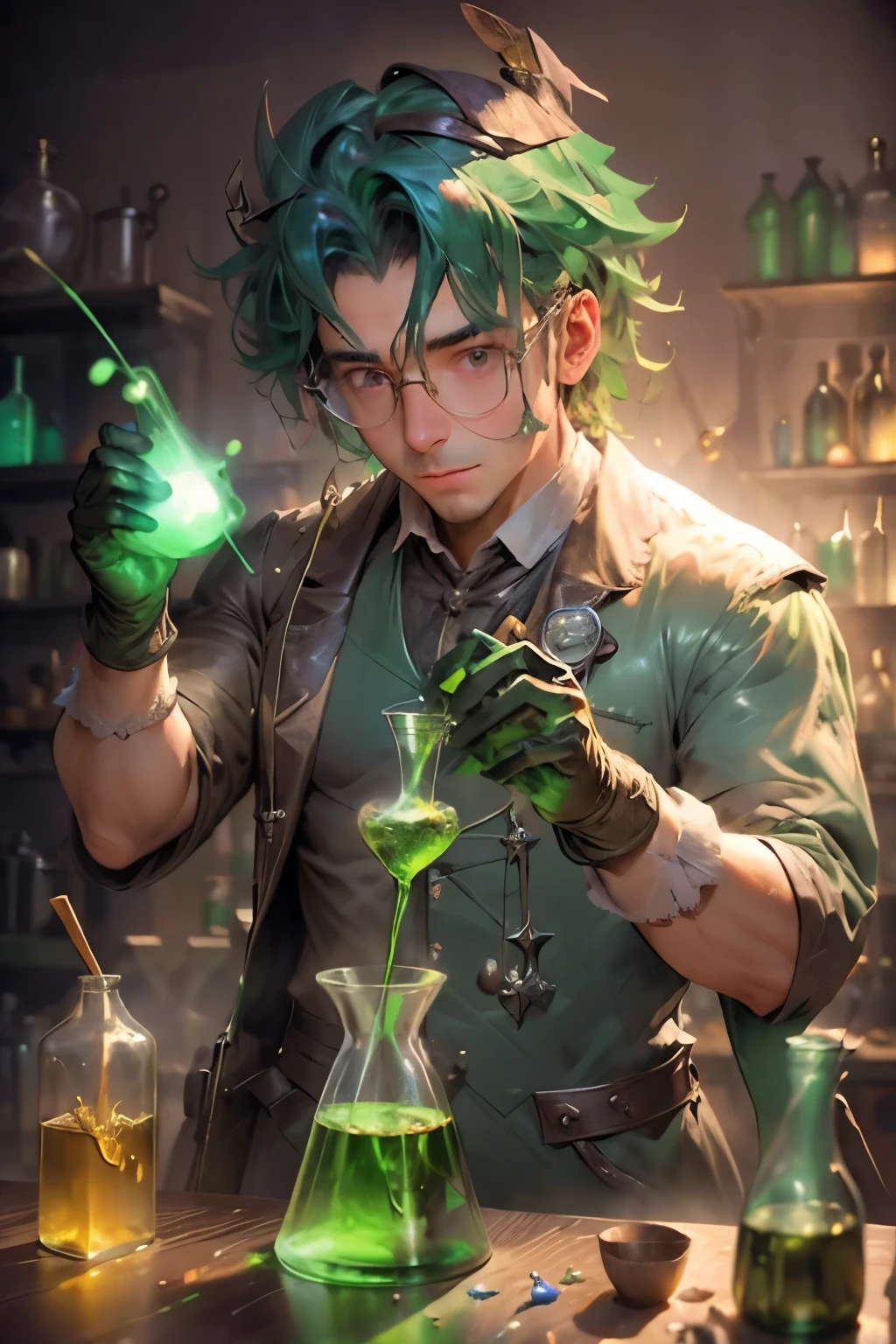 Man stirring magic potions in a laboratory, wearing doctor gloves; glasses and gloves for making a green potion, detalhado e complexo, Full HD, 4k com tons verdes, With messy hair