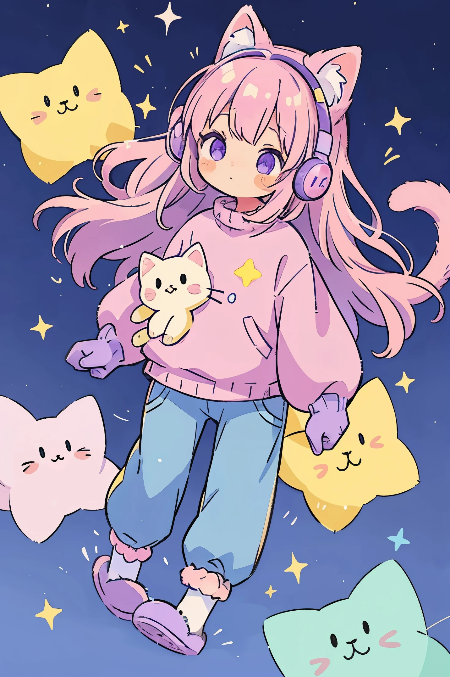cat girl, solo, gloves, fluffy clothes, pants, sweater, sleeves, socks, slippers, pastel colors, (purple, blue, pink, yellow), cozy, dreamy, stars, stickers, bubbles, glitter, sparkles, plushies, headphones