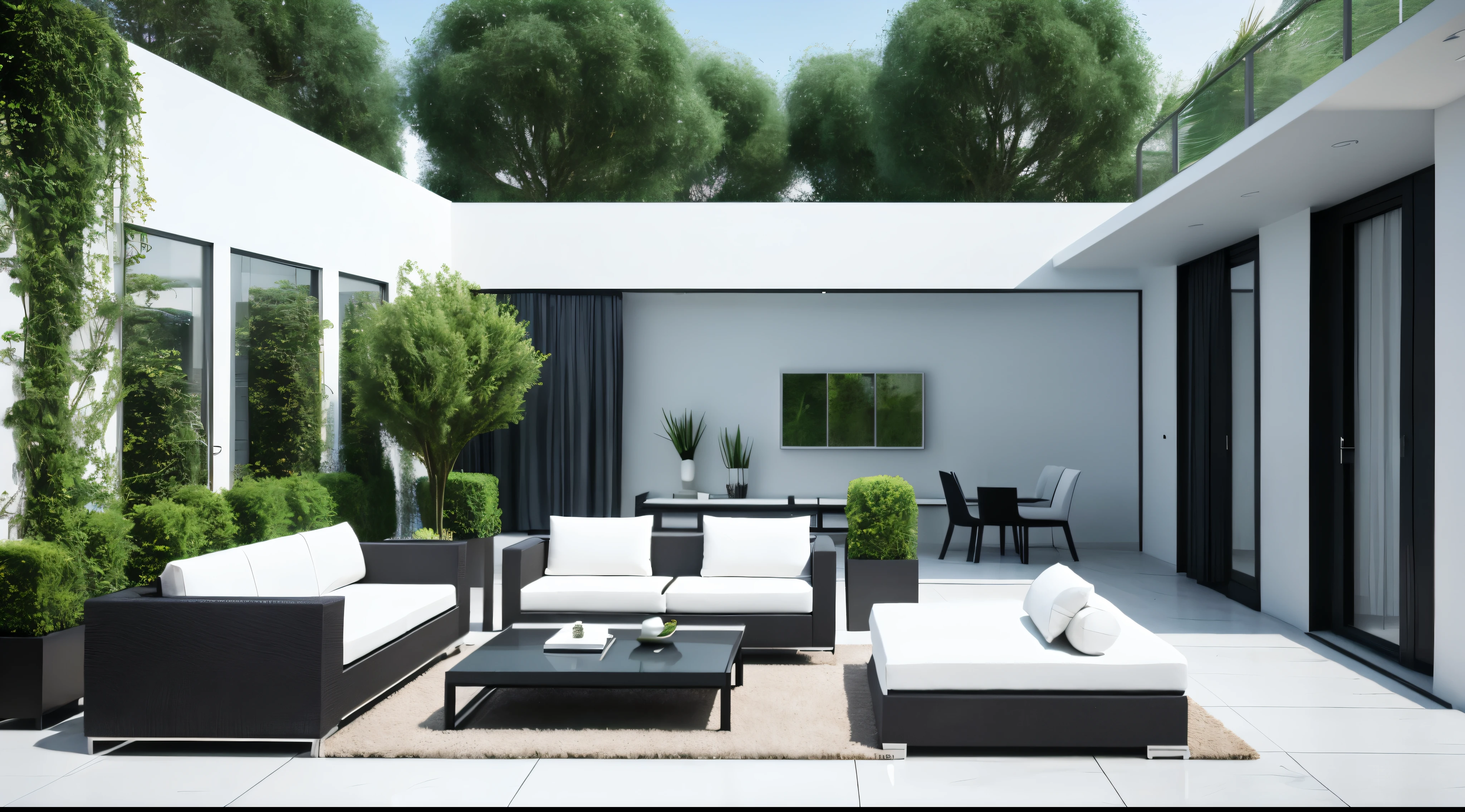 You are a famous interior designer、You have been asked to create a 3D image of a modern large room. Create a harmonious environment with modern and minimalist furniture. Including garden interior.
