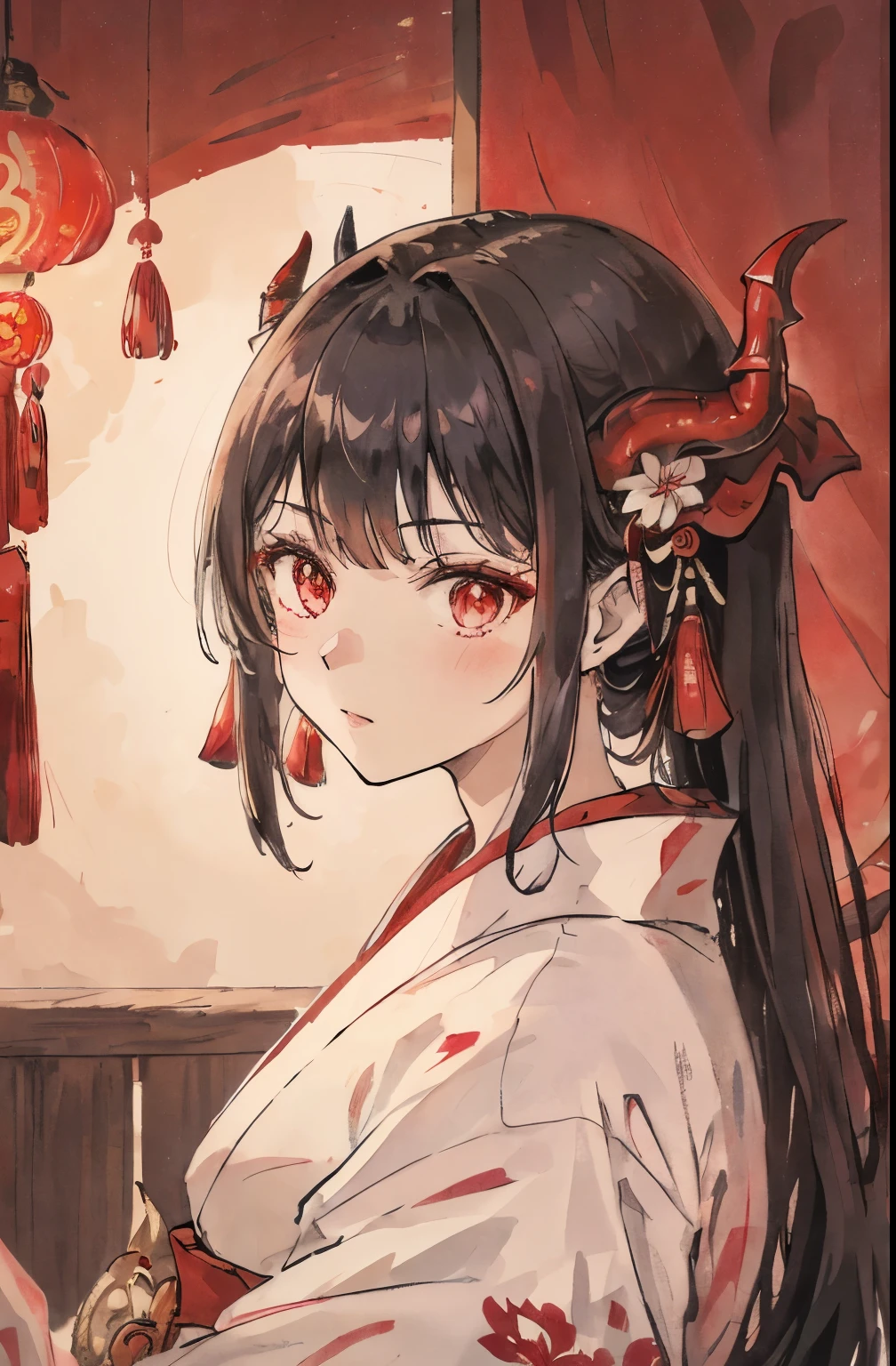 Dragon horn、Girl in white kimono、amaryllis、solid background、up of face、Manju Sawar、Higanbana、Dragon's horn、Red light、Dragon Man、Photo Studio、A dark-haired