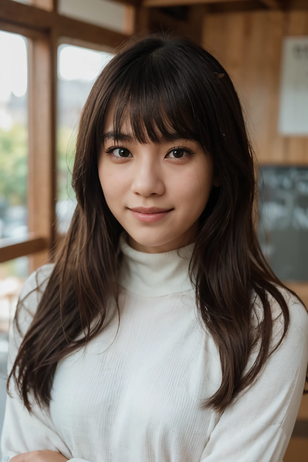 (Realistic, RAW photo), an upper body portrait photo of asian girl, natural pale and fine skin, 8k uhd, high quality, film grain, (Fujifilm XT3) ,dream_girl, dynamic expression, photo-real, cute, high_school_girl, long hair, silky hair, with bangs, with a smile, wearing a turtle neck, wearing long sleeves