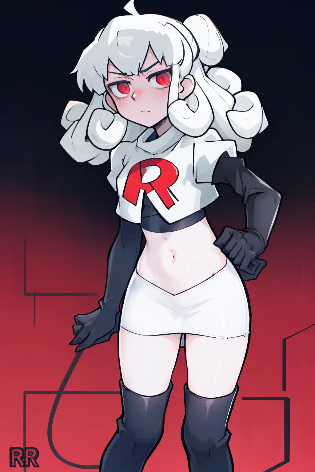 masterpiece, best quality, red eyes, white curly kair, ahoge,team rocket,team rocket uniform,white skirt,red letter R,crop top,black thigh-highs,black elbow gloves, comic strip