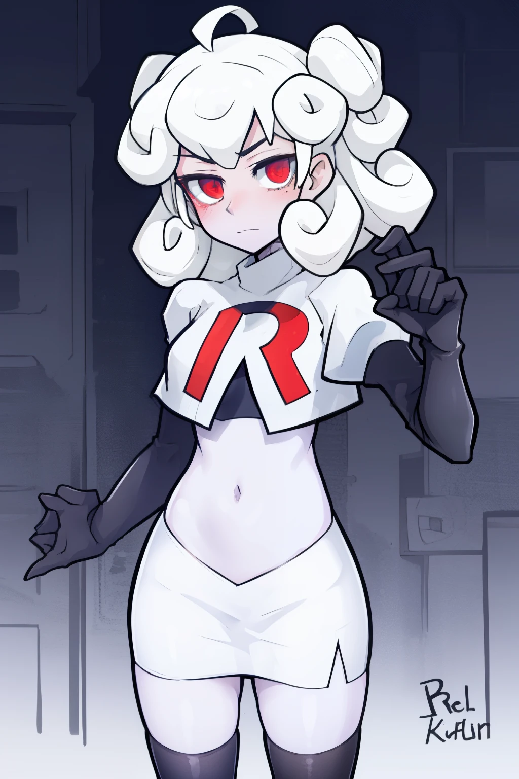 masterpiece, best quality, red eyes, white curly kair, ahoge,team rocket,team rocket uniform,white skirt,red letter R,crop top,black thigh-highs,black elbow gloves, comic strip