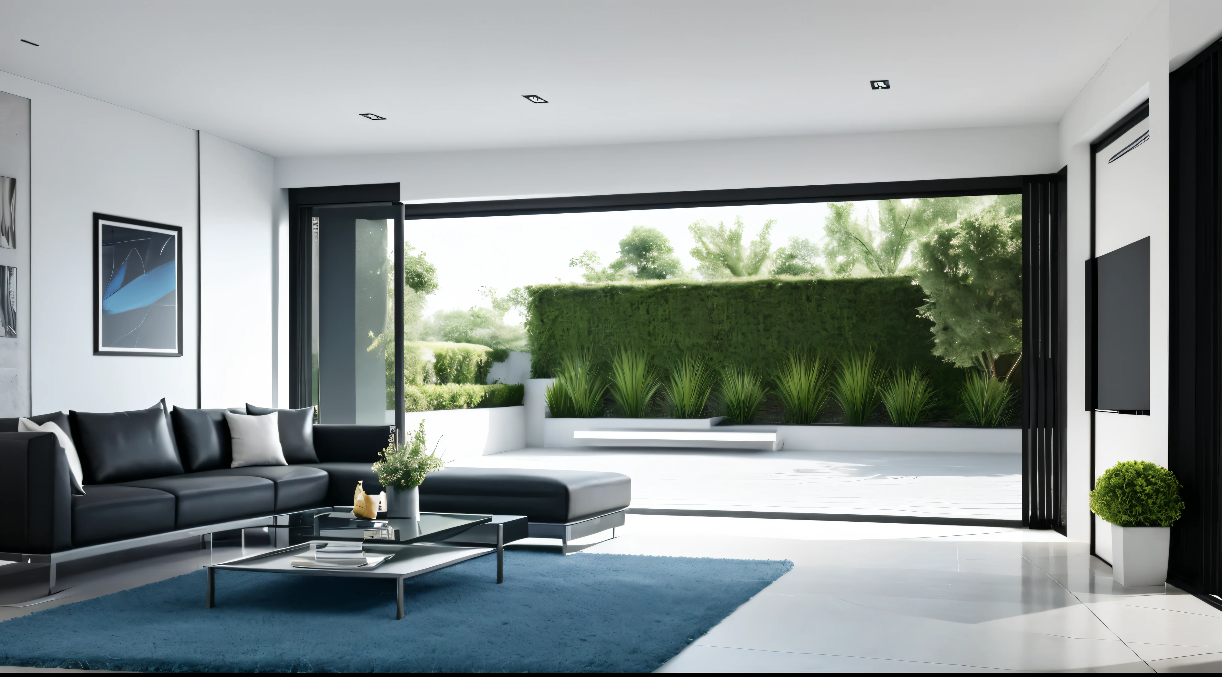 You are a famous interior designer、You have been asked to create a 3D image of a modern large room. Create a harmonious environment with modern and minimalist furniture. Including garden interior.