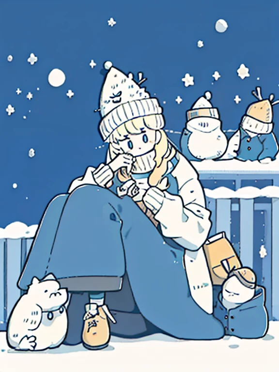 a close up of a anime woman sitting on a step with a hand on her chin, beautiful girl, attractive pose, silver necklace, beautiful model, beanie hat, winter jacket, snowing, romantic, casual pose, seductive, attractive anime girl, beautiful anime photo, alluring, aesthetic, thoughtful pose, (bokeh), best quality, masterpiece, long blonde hair, 8k, pov_eye_contact, nighttime, cyber background