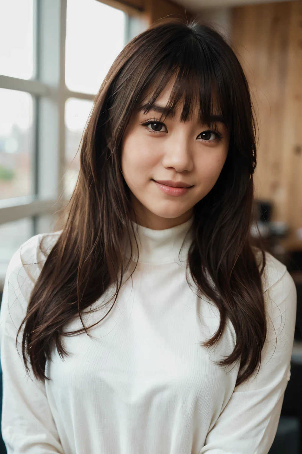 (Realistic, RAW photo), an upper body portrait photo of asian girl, natural pale and fine skin, 8k uhd, high quality, film grain, (Fujifilm XT3) ,dream_girl, dynamic expression, photo-real, cute, high_school_girl, long hair, silky hair, with bangs, with a smile, wearing a red turtle neck, wearing long sleeves