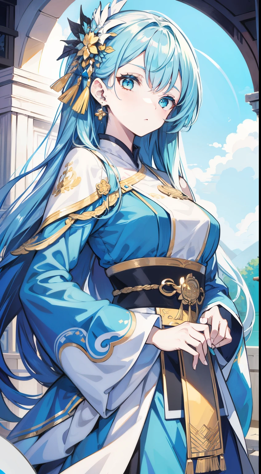 girl, blue long hair,White hair, Cyan eyes, blue and white chinese dress, folding fan, golden jewelery, serious expressions, guard, tmasterpiece, high high quality