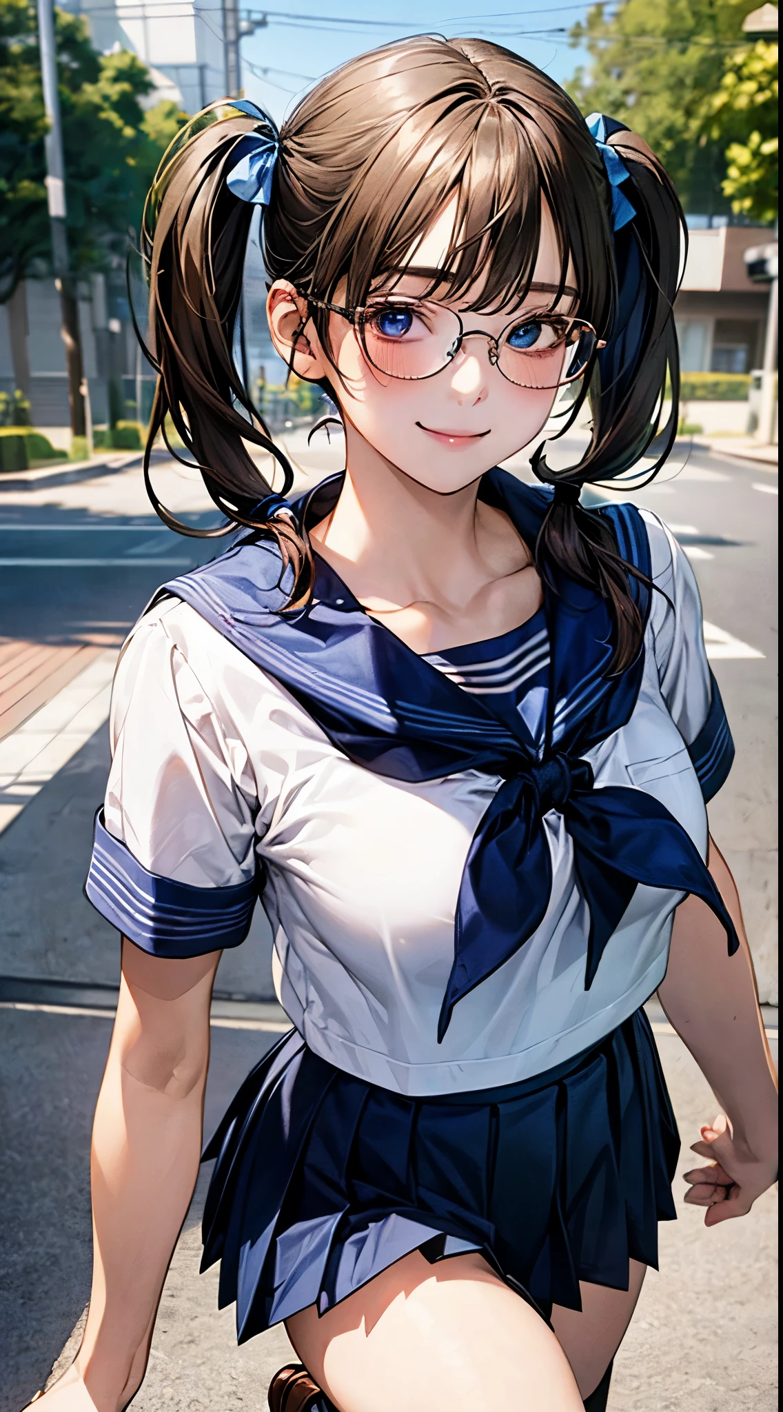 (masterpiece:1.2, top-quality), (realistic, photorealistic:1.4), beautiful illustration, NSFW,
looking at viewer, cowboy shot, front view:1.2,
1 girl, japanese, high school girl, (short hair:1.5, twintails:1.7), brown hair, blue eyes, large breasts:0.5, (thick thighs),
beautiful hair, beautiful face, beautiful detailed eyes, beautiful clavicle, beautiful body, beautiful chest, beautiful thigh, beautiful legs, beautiful fingers,
((summer school uniform, dark blue sailor collar, blue scarf, dark blue pleated skirt, glasses, dark blue socks, brown loafers)),
(beautiful scenery), school, wind blowing, wind lift, standing, walking,
(erotic, sexy, upper eyes, lovely smile), shiny skin,
perfect face, cute and symmetrical face, natural side lighting, movie lighting),
