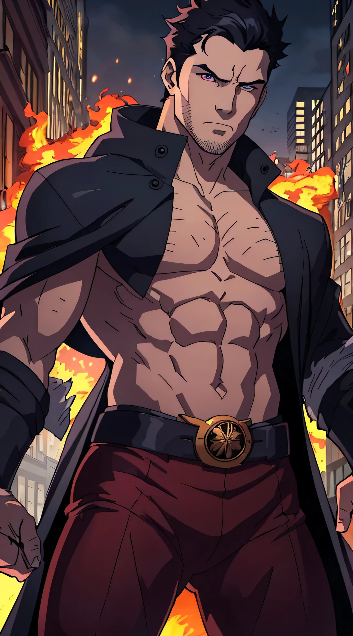 top-quality、Top image quality、​masterpiece、male people((black and red suit、Black cloak、well-muscled、best macho、Punch in front、Angry eyes、Red blood)),hiquality、Beautiful Art、Background with((nightcity、the City of Fire)),masutepiece、Elaborate design、visualart、Perfect Art、Horror movie style、