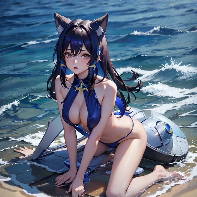 NSFW, (((Uncensored))), (((Clear picture))). high image quality, high resolution, 18 year old beautiful girl、shiny black hair、Hime cut、Brown eyes, dark eyebrows, J-cup huge breasts、172cm tall、Long legs、red bikini, sexy pose, Sandy Beach、Blue sky