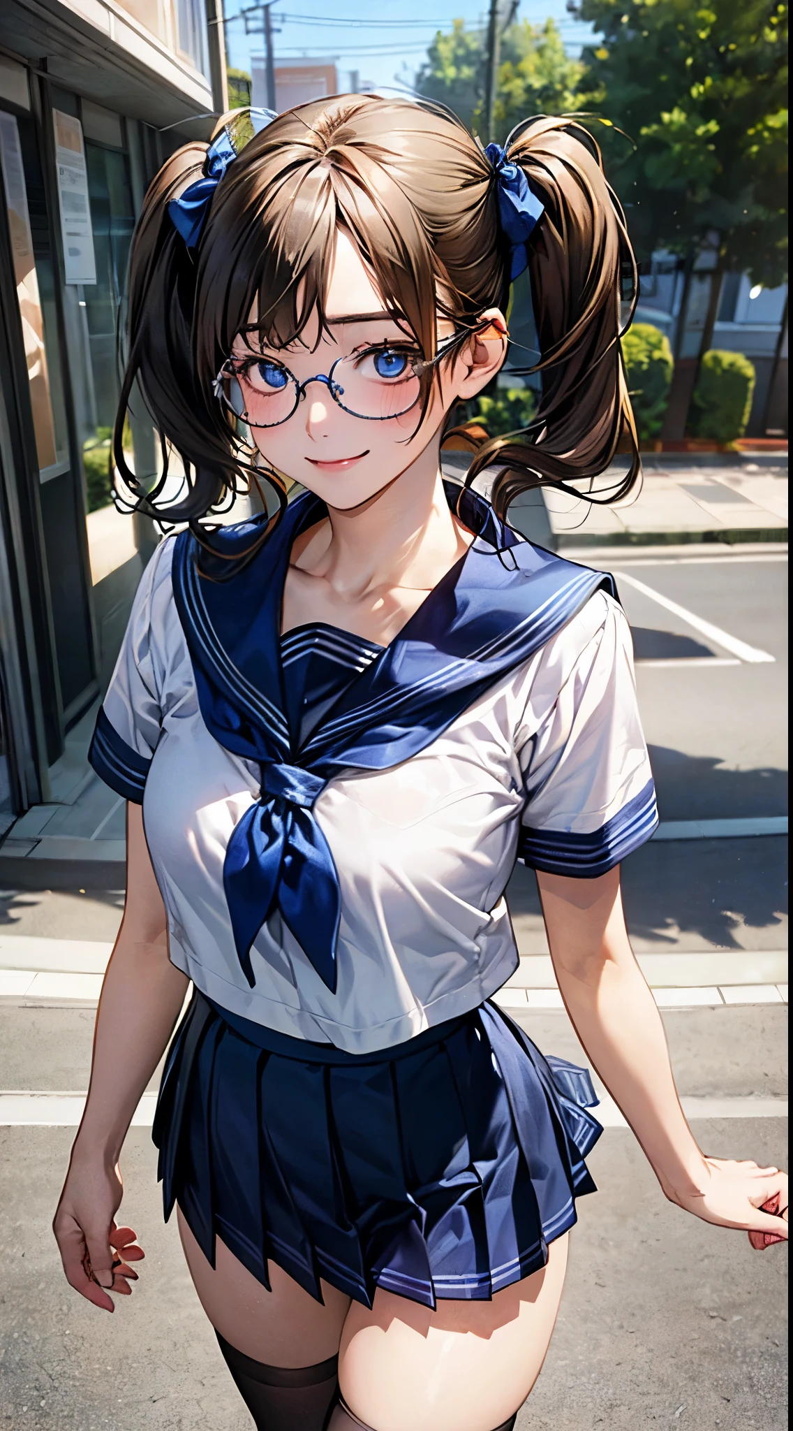 (masterpiece:1.2, top-quality), (realistic, photorealistic:1.4), beautiful illustration, NSFW, 
looking at viewer, cowboy shot, front view:1.2, 
1 girl, japanese, high school girl, (short hair:1.5, twintails:1.7), brown hair, blue eyes, large breasts:0.5, (thick thighs), 
beautiful hair, beautiful face, beautiful detailed eyes, beautiful clavicle, beautiful body, beautiful chest, beautiful thigh, beautiful legs, beautiful fingers, 
((summer school uniform, dark blue sailor collar, blue scarf, dark blue pleated skirt, glasses, dark blue socks, brown loafers)), 
(beautiful scenery), school, wind blowing, wind lift, standing, walking, 
(erotic, sexy, upper eyes, lovely smile), shiny skin, 
perfect face, cute and symmetrical face, natural side lighting, movie lighting),