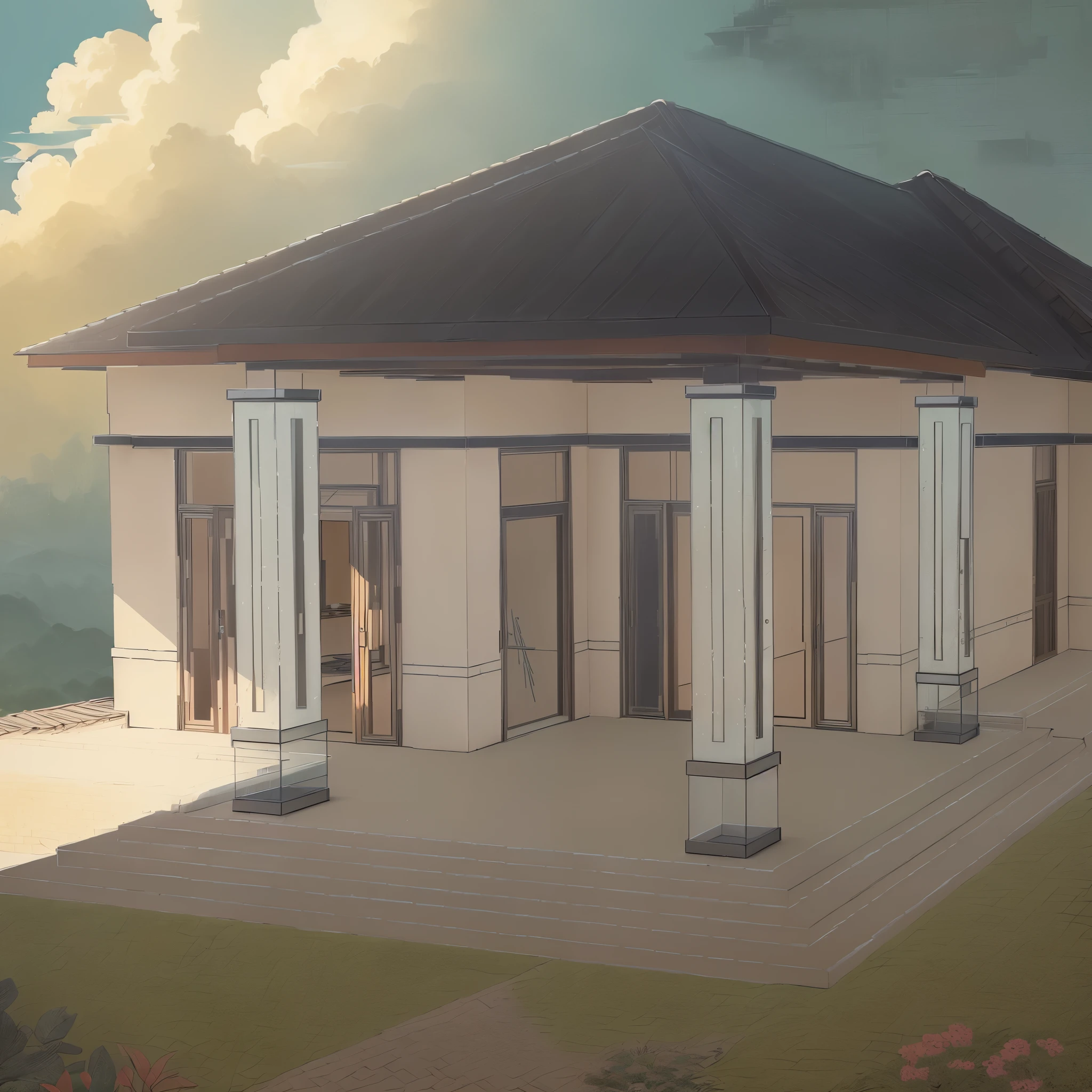 An illustration of a modern Vietnamese one-story house with a tiled roof, blending tradition with contemporary design, set against a beautiful sky and scenic landscape, featuring a bonsai garden and an elegant entrance with a beautiful gate and fence, inspired by the style of Tran Nguyen, with warm color temperature, subtle facial expressions, soft lighting, and a tranquil atmosphere --v 5 --stylize 1000