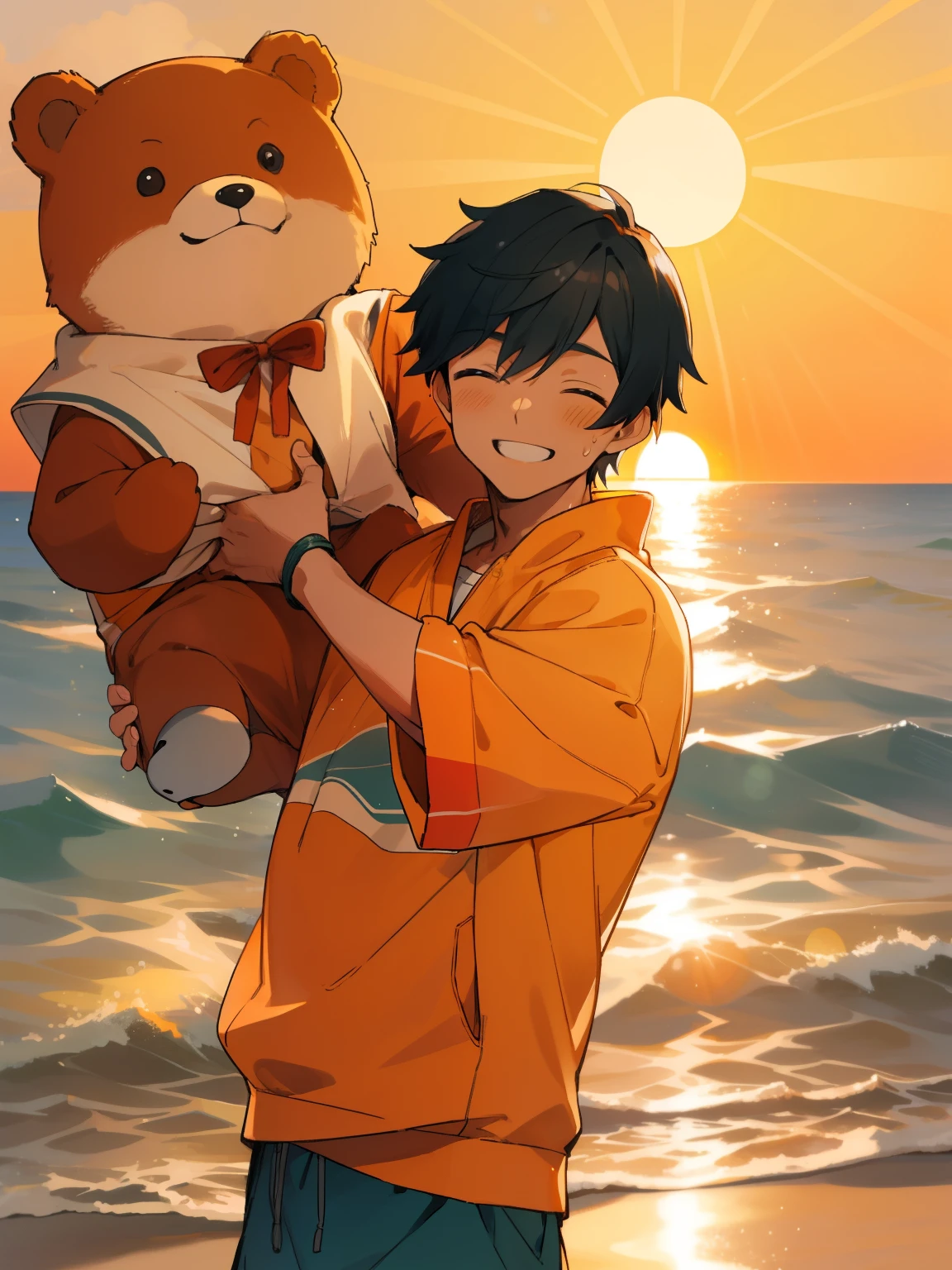 schoolboy,rays of sunshine,the setting sun,ssmile,Elated,sweatshirts,tmasterpiece,sea beach,Asian male skin,Orange bear sweatshirt,a warm color palette