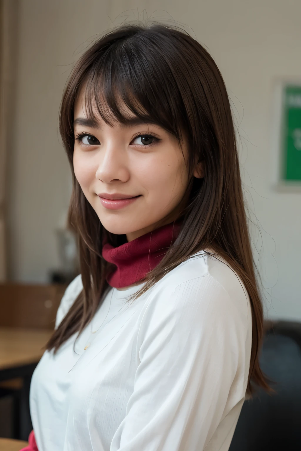 (Realistic, RAW photo), an upper body portrait photo of asian girl, natural pale and fine skin, 8k uhd, high quality, film grain, (Fujifilm XT3) ,dream_girl, dynamic expression, photo-real, cute, high_school_girl, long hair, silky hair, with bangs, with a smile, wearing a red turtle neck, wearing red long sleeves, winking