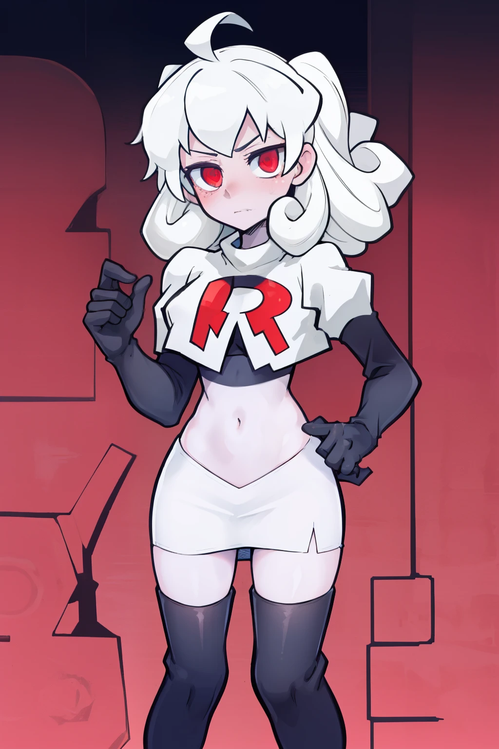 masterpiece, best quality, red eyes, white curly kair, ahoge,team rocket,team rocket uniform,white skirt,red letter R,crop top,black thigh-highs,black elbow gloves, comic strip