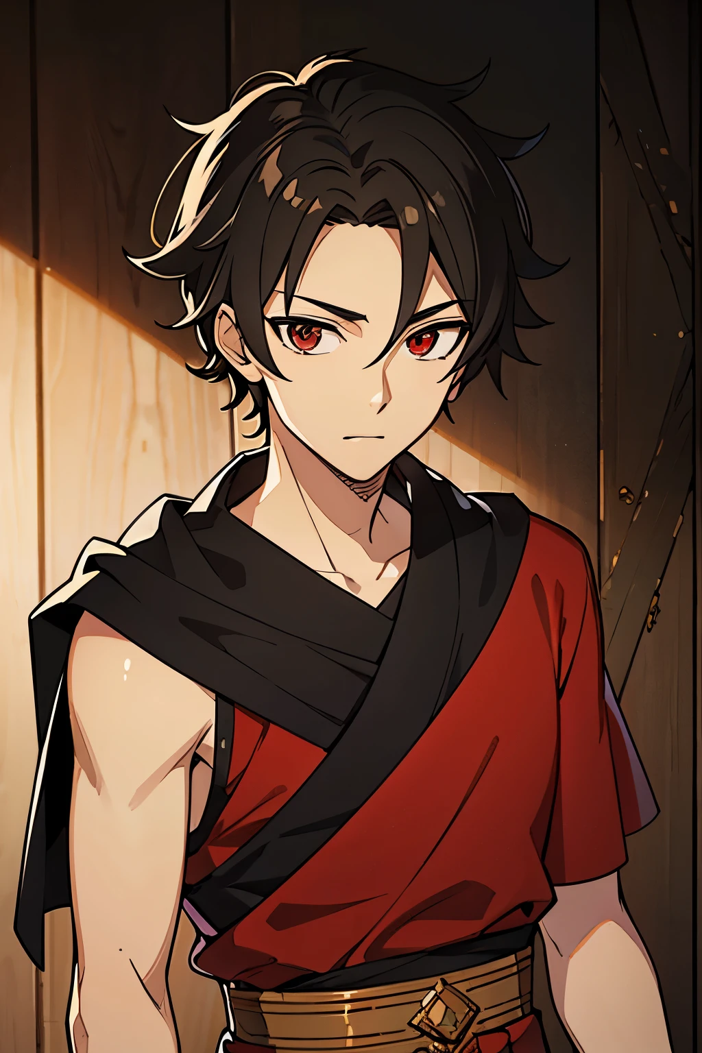 (high-quality, breathtaking),(expressive eyes, perfect face) red eyes, narrow eyes, fluffy hair like shun saint seiya
