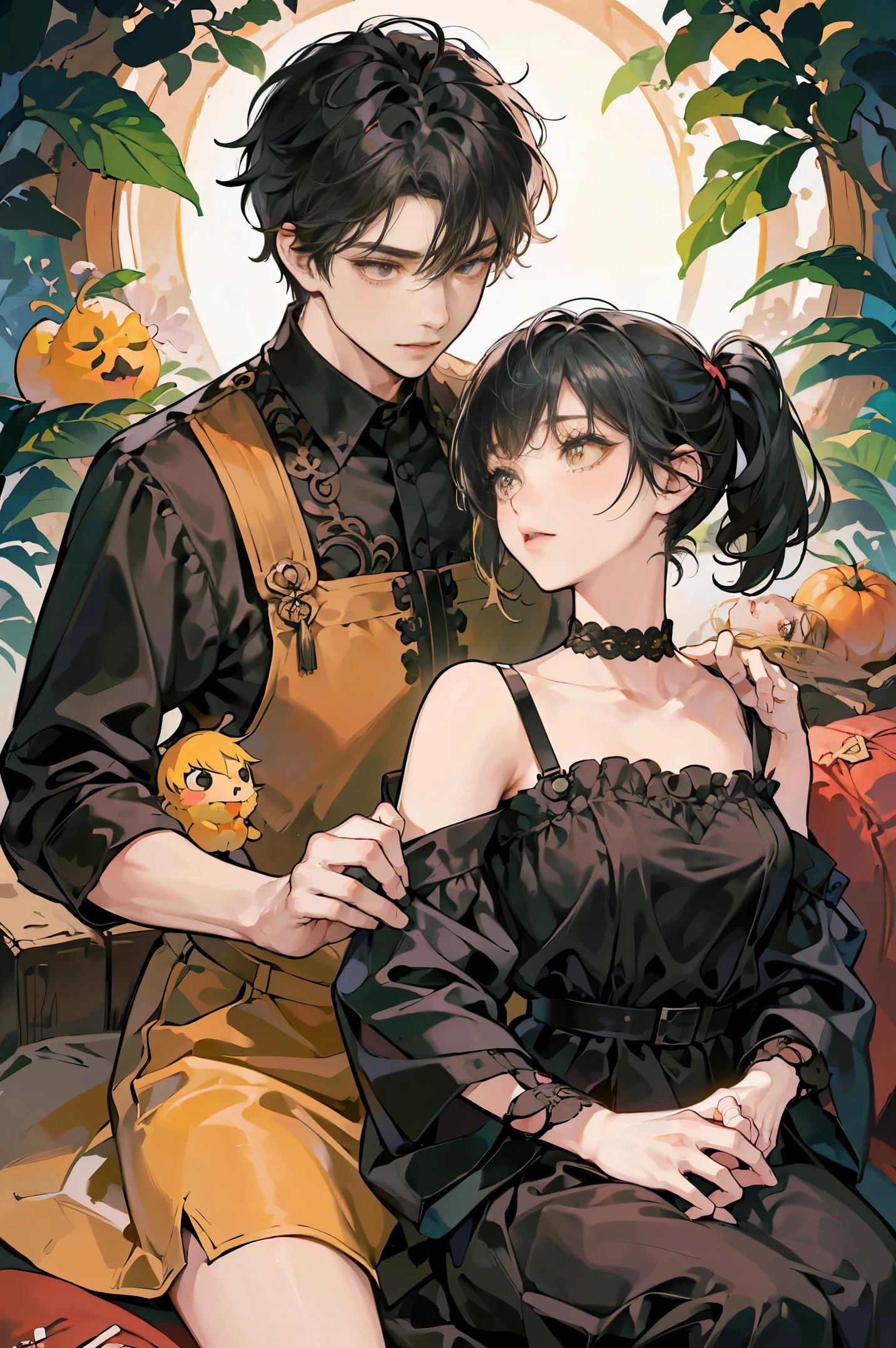 (((A couple looking at each other))) [(((1 chico rubio))) (((ojos naranjas)))] [(((1 chica de cabello verde oscuro lacio))) (((ojos negroantasy clothing)))