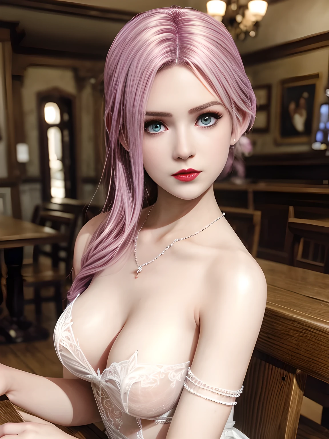 1 girl,Vampires, Elise,(in wedding dresses, bridal gown),(((coffeehouse))),jewely,Tattooed with,Redlip,(Glossy glossy skin),鎖骨,Charming cleavage,(tmasterpiece:1.5), (Best quality at best:1.35),(Realistis:1.4), detailed,8K，computer graphics image processing,detailed头发,,Expressive eyes, s the perfect face, real fingers,depth of fields,Similar colors,a warm color palette,softlighting,low-contrast,hard shadows,Desaturate Hue, 流行超Realistis,