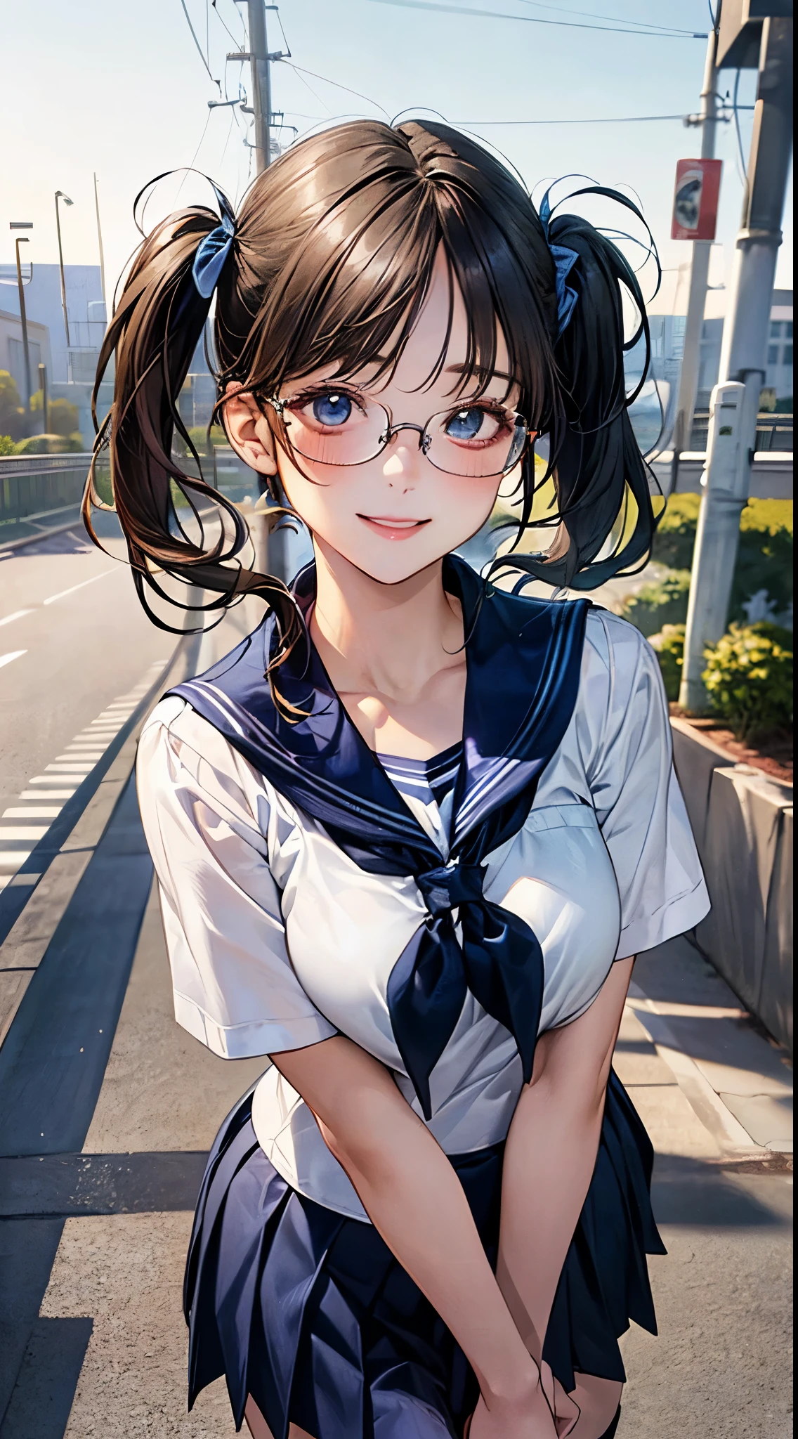 (masterpiece:1.2, top-quality), (realistic, photorealistic:1.4), beautiful illustration, NSFW,
looking at viewer, cowboy shot, front view:1.2,
1 girl, japanese, high school girl, (short hair:1.5, twintails:1.7), brown hair, blue eyes, large breasts:0.5, (thick thighs),
beautiful hair, beautiful face, beautiful detailed eyes, beautiful clavicle, beautiful body, beautiful chest, beautiful thigh, beautiful legs, beautiful fingers,
((summer school uniform, dark blue sailor collar, blue scarf, dark blue pleated skirt, glasses, dark blue socks, brown loafers)),
(beautiful scenery), school, wind blowing, wind lift, standing, walking, put her finger on one's lips,
(erotic, sexy, upper eyes, lovely smile), shiny skin,
perfect face, cute and symmetrical face, natural side lighting, movie lighting),