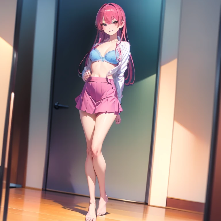 masterpiece, best quality, ultra-detailed, best illustration, 1girl thin, full body, solo, saki,  long hair,  red hair, pink hair, pink eyes, red eyes, looking at viewer, smile, shir tlift, unbuttoned shirt blue bra, small breast,  long sleevess, blue skirt, ,pleated skirt, thin and tall, long thin legs, unbuttoned shirt blue bra,