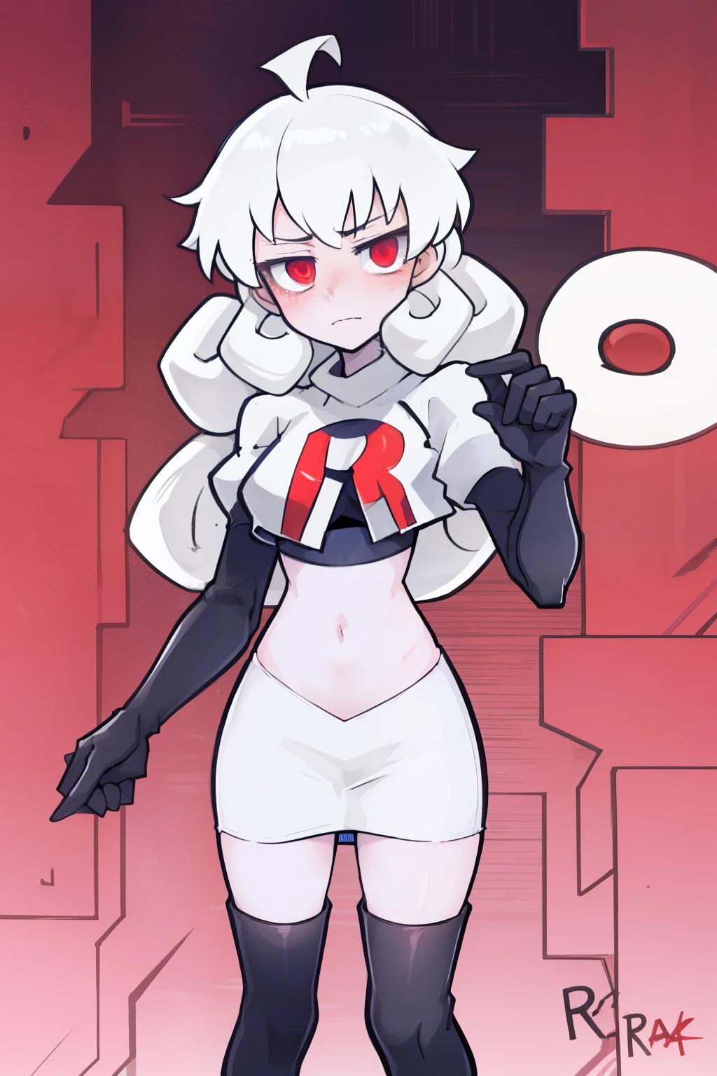 masterpiece, best quality, red eyes, white curly kair, ahoge,team rocket,team rocket uniform,white skirt,red letter R,crop top,black thigh-highs,black elbow gloves, comic strip