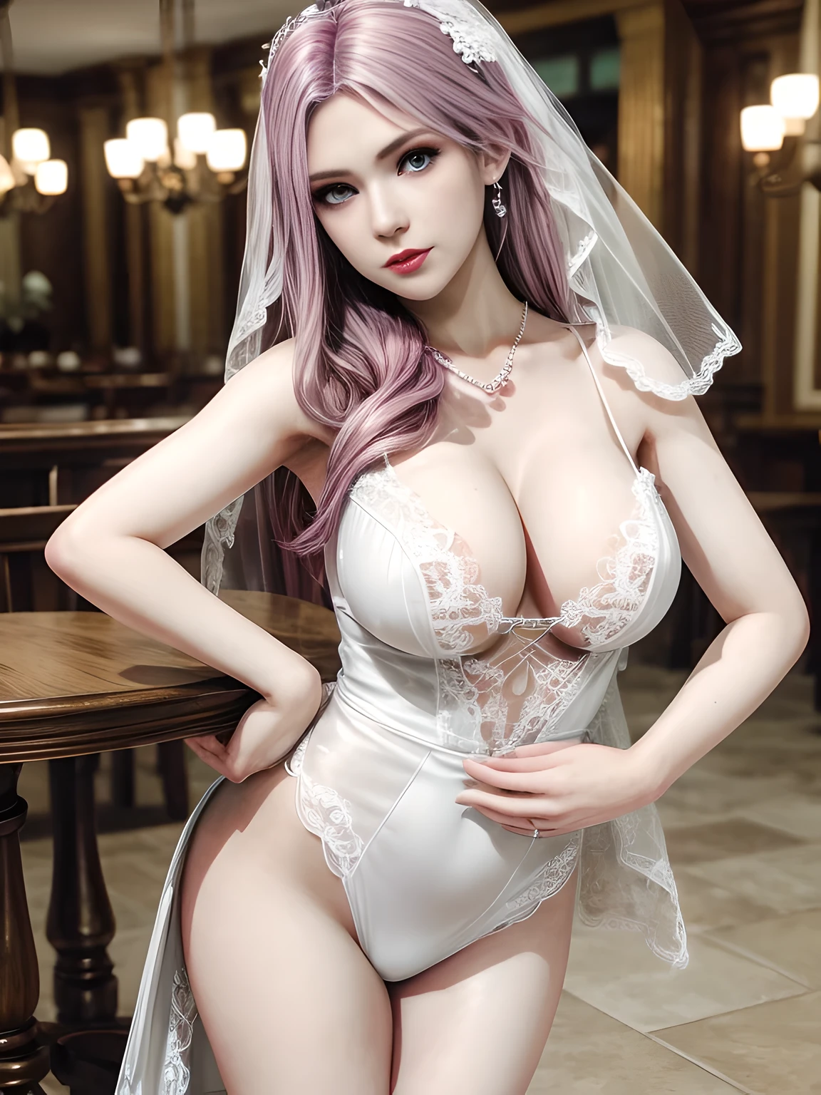 1 girl,Vampires, Elise,(in wedding dresses, bridal gown),(((coffeehouse))),jewely,Tattooed with,Redlip,(Glossy glossy skin),鎖骨,Charming cleavage,(tmasterpiece:1.5), (Best quality at best:1.35),(Realistis:1.4), detailed,8K，computer graphics image processing,detailed头发,,Expressive eyes, s the perfect face, real fingers,depth of fields,Similar colors,a warm color palette,softlighting,low-contrast,hard shadows,Desaturate Hue, 流行超Realistis,