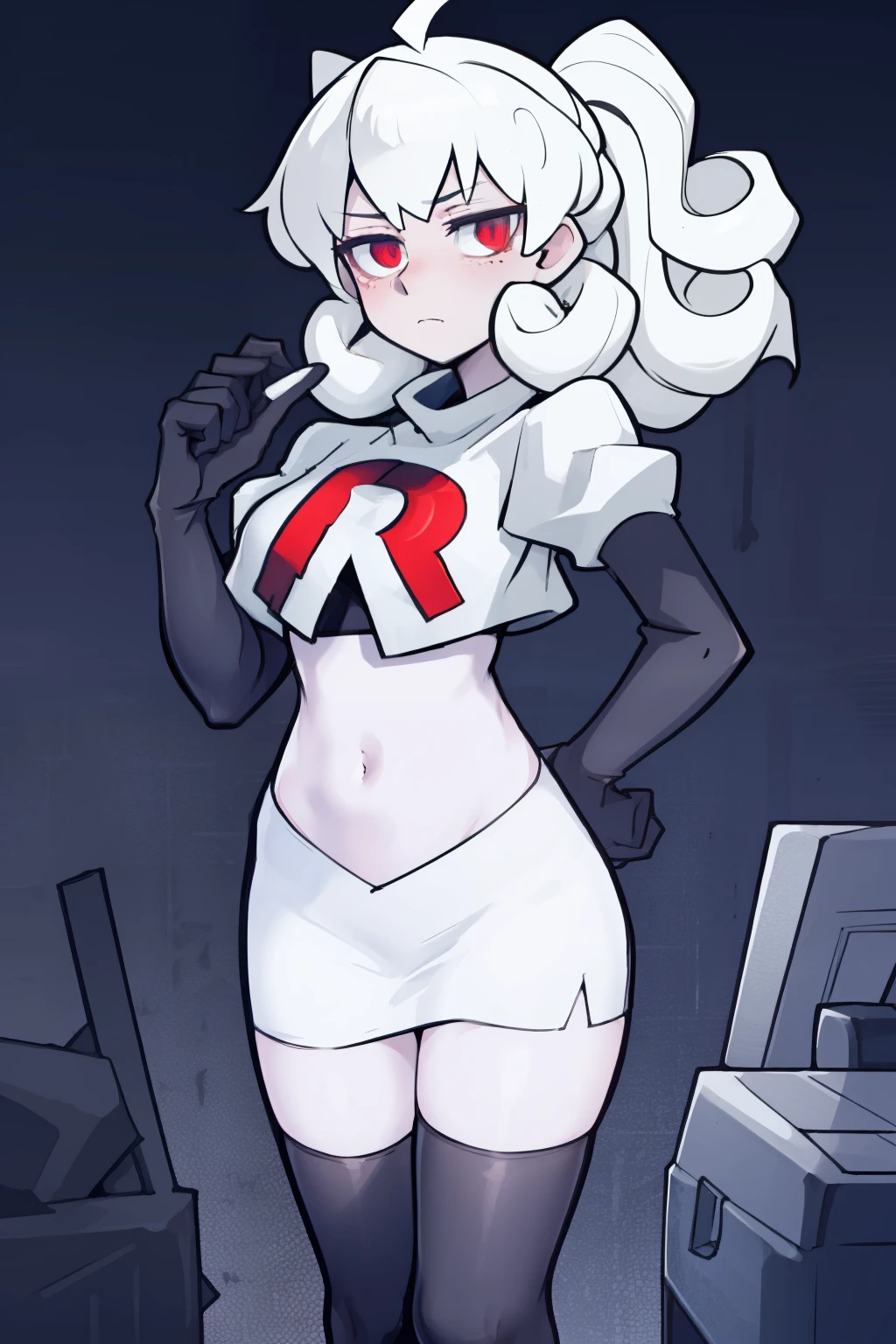 masterpiece, best quality, red eyes, white curly kair, ahoge,team rocket,team rocket uniform,white skirt,red letter R,crop top,black thigh-highs,black elbow gloves, comic strip